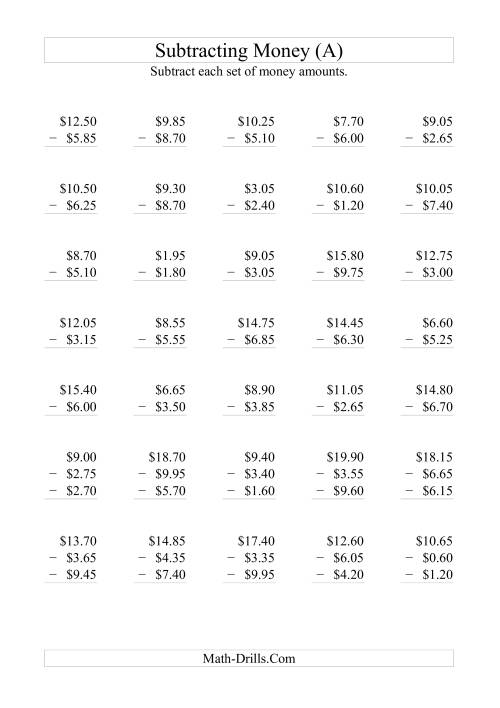 The Subtracting Australian Dollars (Increments of 5 cents) (A) Math Worksheet