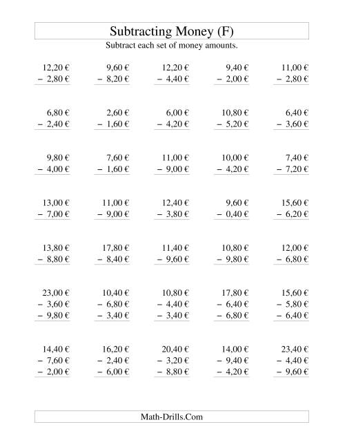 The Subtracting Euro Money to €10 -- Increments of 20 Euro Cents (F) Math Worksheet
