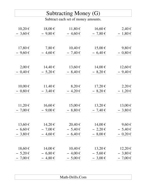 The Subtracting Euro Money to €10 -- Increments of 20 Euro Cents (G) Math Worksheet