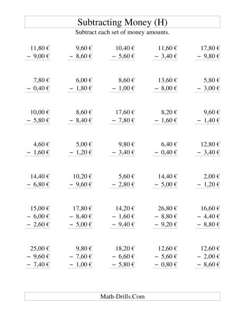 The Subtracting Euro Money to €10 -- Increments of 20 Euro Cents (H) Math Worksheet