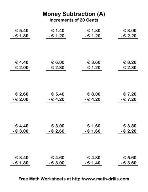 The Subtracting Euro Money to €10 -- Increments of 20 Euro Cents (Old) Math Worksheet