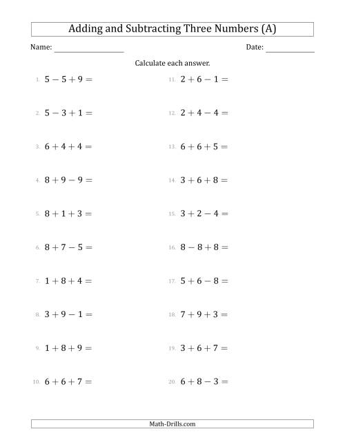 The Adding and Subtracting Three Numbers Horizontally (Range 1 to 9) (A) Math Worksheet
