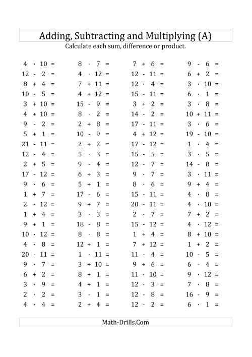 The 100 Horizontal Addition/Subtraction/Multiplication Questions (Facts 1 to 12) Euro Format (A) Math Worksheet