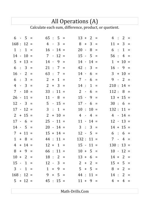 The 100 Horizontal Mixed Operations Questions (Facts 1 to 15) Euro Format (A) Math Worksheet