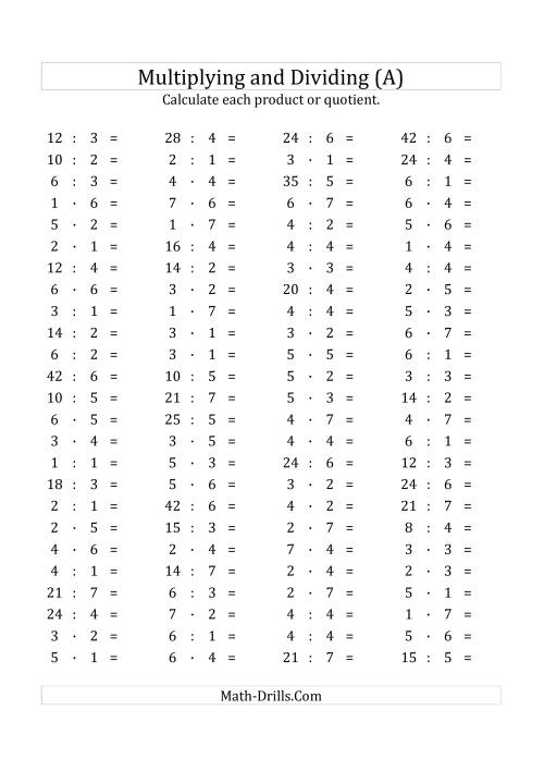 The 100 Horizontal Multiplication/Division Questions (Facts 1 to 7) Euro Format (A) Math Worksheet