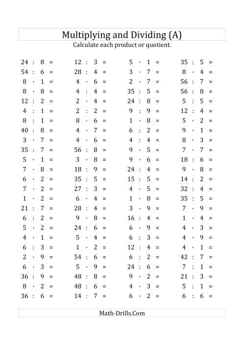 The 100 Horizontal Multiplication/Division Questions (Facts 1 to 9) Euro Format (A) Math Worksheet
