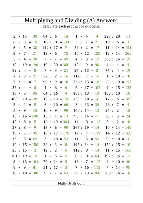 The 100 Horizontal Multiplication/Division Questions (Facts 1 to 20) Euro Format (A) Math Worksheet Page 2