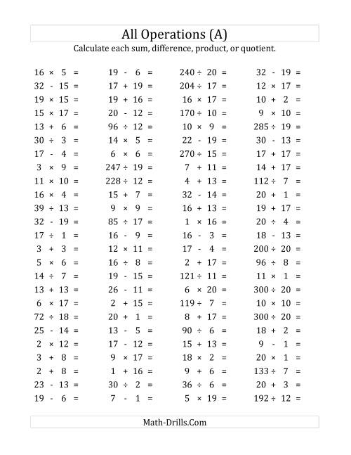 The 100 Horizontal Mixed Operations Questions (Facts 1 to 20) (A) Math Worksheet