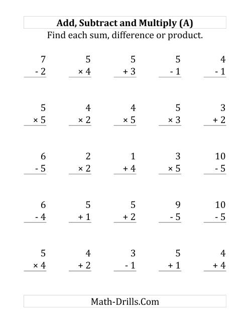 The Adding, Subtracting and Multiplying with Facts From 1 to 5 (A) Math Worksheet