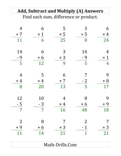 The Adding, Subtracting and Multiplying with Facts From 1 to 9 (A) Math Worksheet Page 2