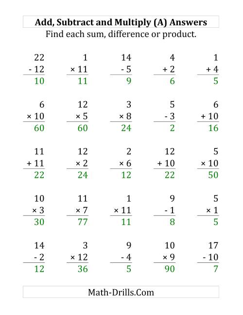 The Adding, Subtracting and Multiplying with Facts From 1 to 12 (A) Math Worksheet Page 2