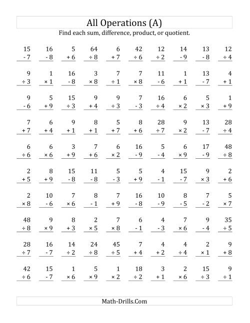 The All Operations with Facts From 1 to 9 (A) Math Worksheet