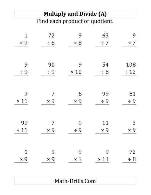 The Multiplying and Dividing by 9 (A) Math Worksheet
