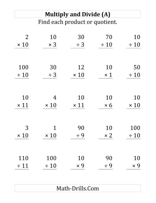 The Multiplying and Dividing by 10 (A) Math Worksheet