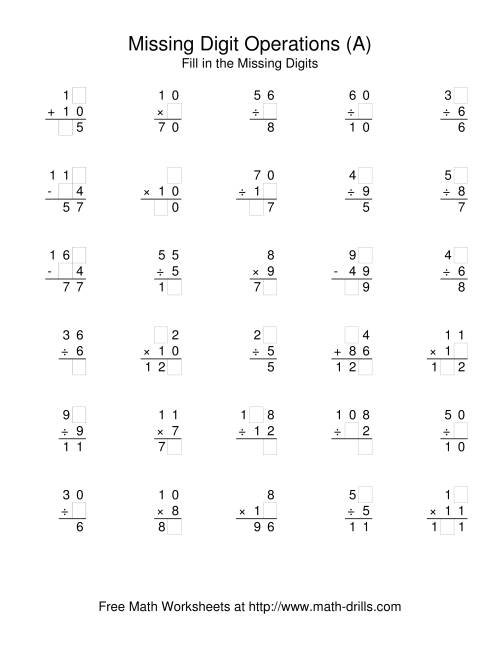 The All Operations with Missing Digits (A) Math Worksheet