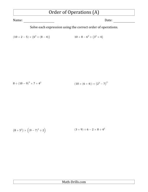 The Order of Operations with Whole Numbers (Six Steps) (A) Math Worksheet