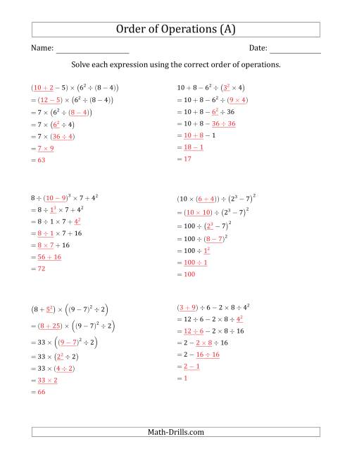 The Order of Operations with Whole Numbers (Six Steps) (A) Math Worksheet Page 2