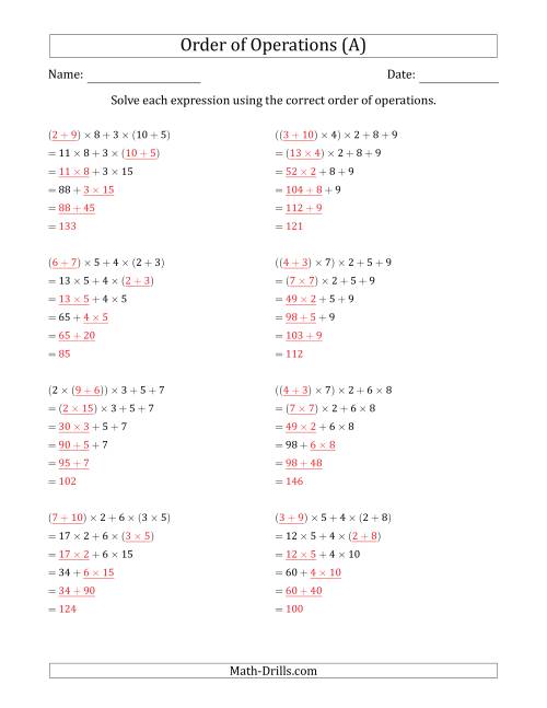 The Order of Operations with Whole Numbers Multiplication and Addition Only (Five Steps) (A) Math Worksheet Page 2