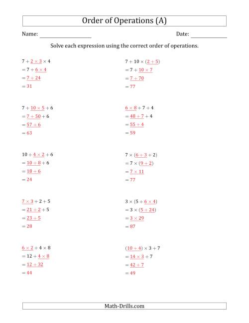 The Order of Operations with Whole Numbers Multiplication and Addition Only (Three Steps) (A) Math Worksheet Page 2