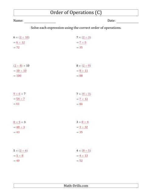 The Order of Operations with Whole Numbers Multiplication and Addition Only (Two Steps) (C) Math Worksheet Page 2