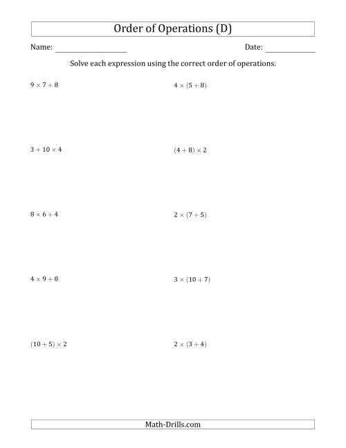 The Order of Operations with Whole Numbers Multiplication and Addition Only (Two Steps) (D) Math Worksheet