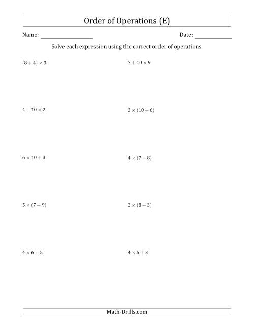 The Order of Operations with Whole Numbers Multiplication and Addition Only (Two Steps) (E) Math Worksheet