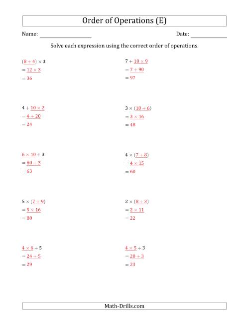 The Order of Operations with Whole Numbers Multiplication and Addition Only (Two Steps) (E) Math Worksheet Page 2