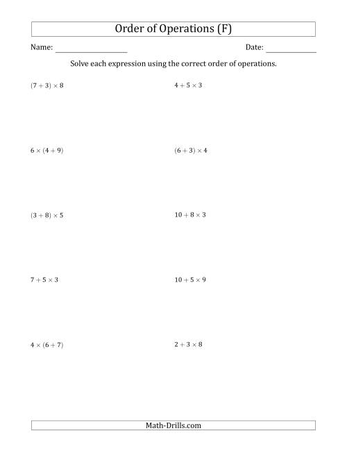 The Order of Operations with Whole Numbers Multiplication and Addition Only (Two Steps) (F) Math Worksheet