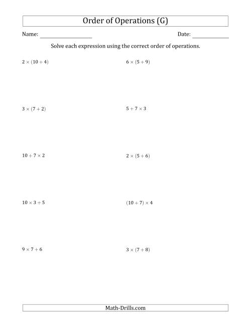 The Order of Operations with Whole Numbers Multiplication and Addition Only (Two Steps) (G) Math Worksheet