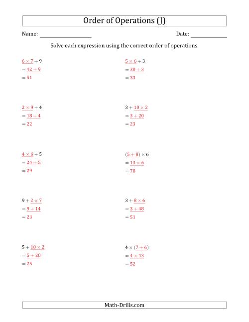 The Order of Operations with Whole Numbers Multiplication and Addition Only (Two Steps) (J) Math Worksheet Page 2