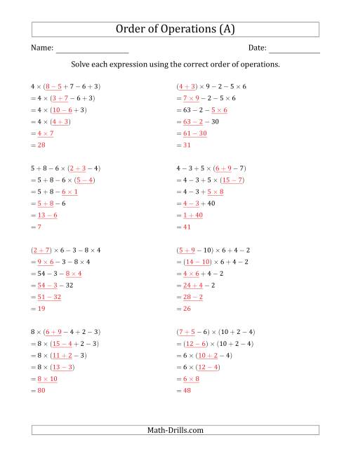 The Order of Operations with Whole Numbers Multiplication, Addition and Subtraction Only (Five Steps) (A) Math Worksheet Page 2