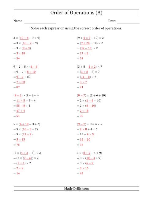 The Order of Operations with Whole Numbers Multiplication, Addition and Subtraction Only (Four Steps) (A) Math Worksheet Page 2