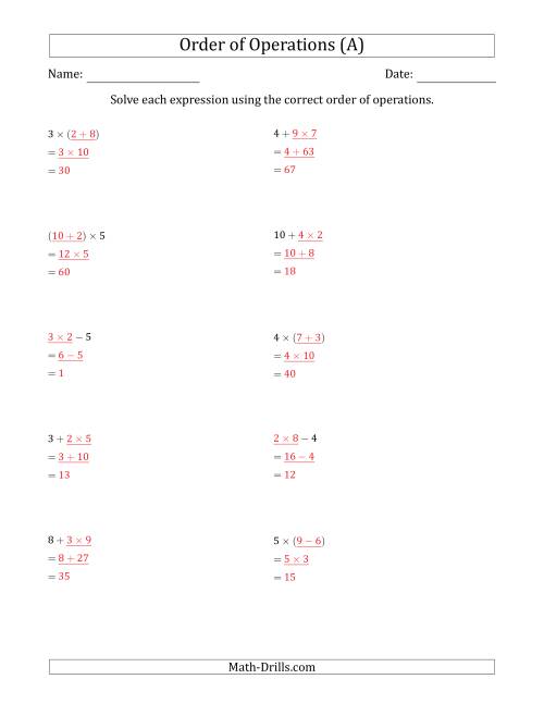 The Order of Operations with Whole Numbers Multiplication, Addition and Subtraction Only (Two Steps) (A) Math Worksheet Page 2