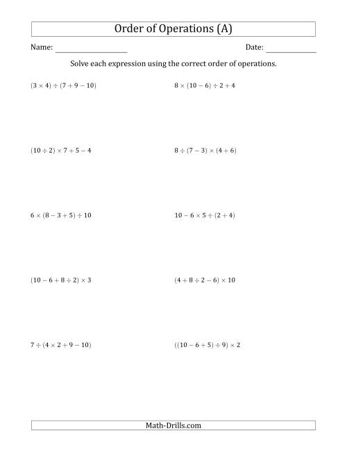 The Order of Operations with Whole Numbers and No Exponents (Four Steps) (A) Math Worksheet