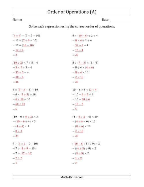The Order of Operations with Whole Numbers and No Exponents (Four Steps) (A) Math Worksheet Page 2