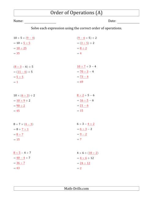 The Order of Operations with Whole Numbers and No Exponents (Three Steps) (A) Math Worksheet Page 2