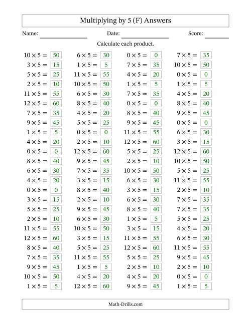 The Horizontally Arranged Multiplying (0 to 12) by 5 (100 Questions) (F) Math Worksheet Page 2