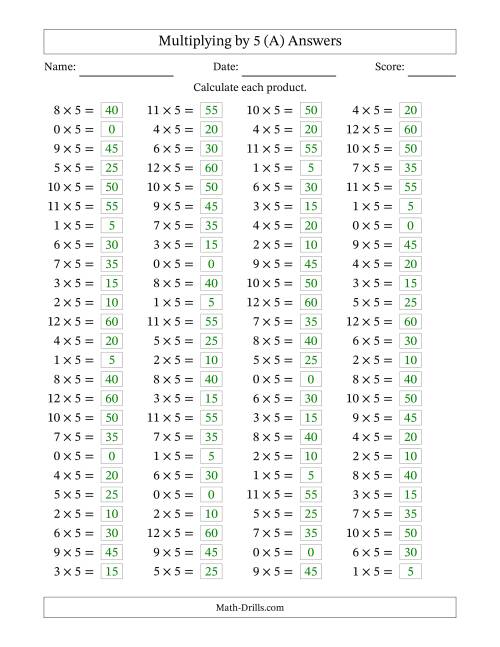The Horizontally Arranged Multiplying (0 to 12) by 5 (100 Questions) (All) Math Worksheet Page 2