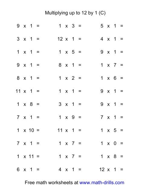 The 36 Horizontal Multiplication Facts Questions -- 1 by 0-12 (C) Math Worksheet