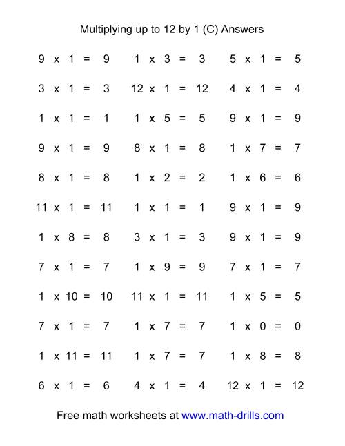 The 36 Horizontal Multiplication Facts Questions -- 1 by 0-12 (C) Math Worksheet Page 2
