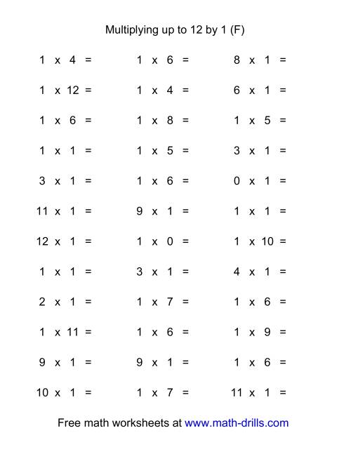 The 36 Horizontal Multiplication Facts Questions -- 1 by 0-12 (F) Math Worksheet