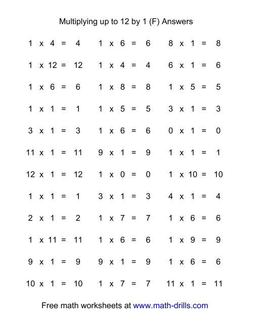 The 36 Horizontal Multiplication Facts Questions -- 1 by 0-12 (F) Math Worksheet Page 2