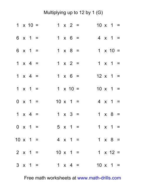 The 36 Horizontal Multiplication Facts Questions -- 1 by 0-12 (G) Math Worksheet