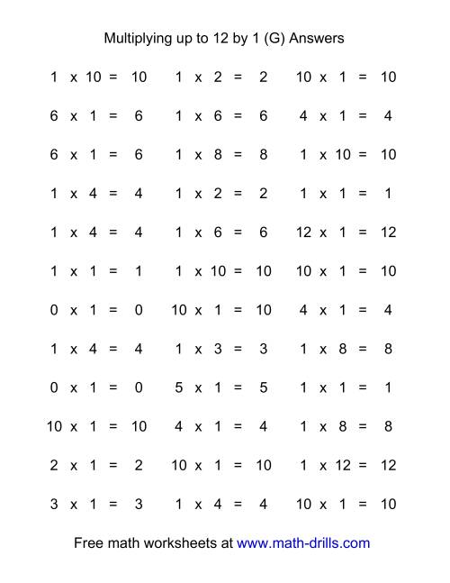 The 36 Horizontal Multiplication Facts Questions -- 1 by 0-12 (G) Math Worksheet Page 2