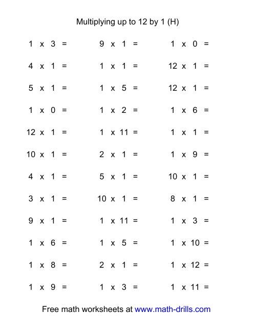 The 36 Horizontal Multiplication Facts Questions -- 1 by 0-12 (H) Math Worksheet