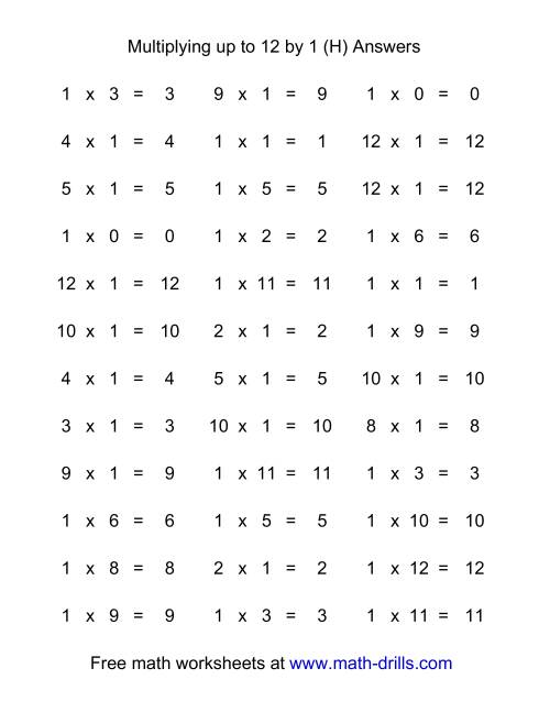 The 36 Horizontal Multiplication Facts Questions -- 1 by 0-12 (H) Math Worksheet Page 2