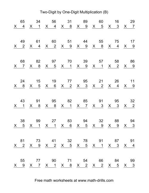 The Multiplying Two-Digit by One-Digit -- 64 per page (B) Math Worksheet