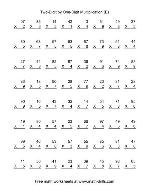 The Multiplying Two-Digit by One-Digit -- 64 per page (E) Math Worksheet