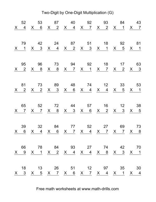 The Multiplying Two-Digit by One-Digit -- 64 per page (G) Math Worksheet