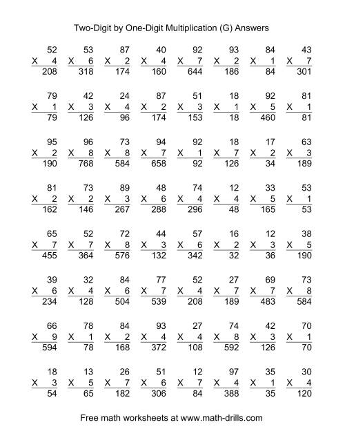 The Multiplying Two-Digit by One-Digit -- 64 per page (G) Math Worksheet Page 2